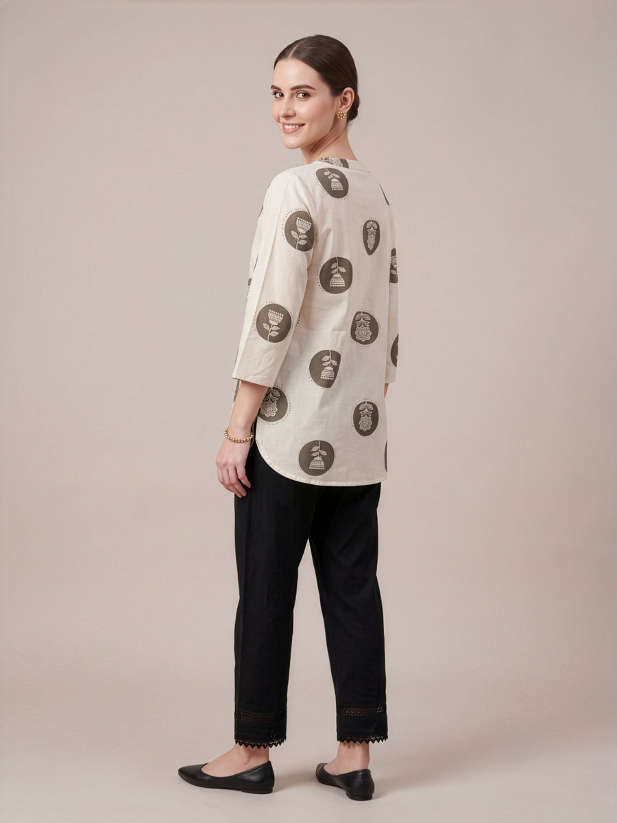Off-white and grey printed cotton top for women