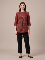 Red Ajrakh printed premium cotton top for women