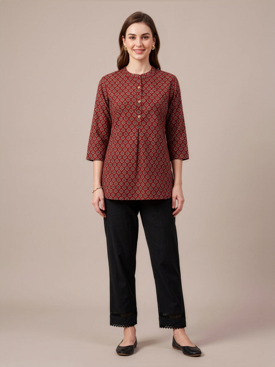 Red Ajrakh printed premium cotton top for women