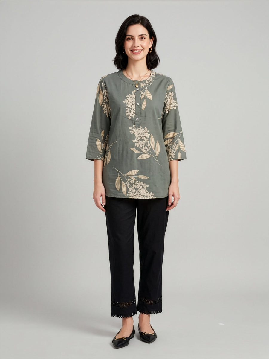 Grey printed premium cotton top for women