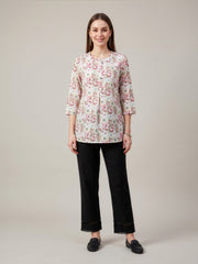 White floral printed jute cotton top for women
