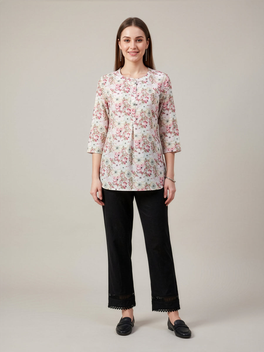 White floral printed jute cotton top for women