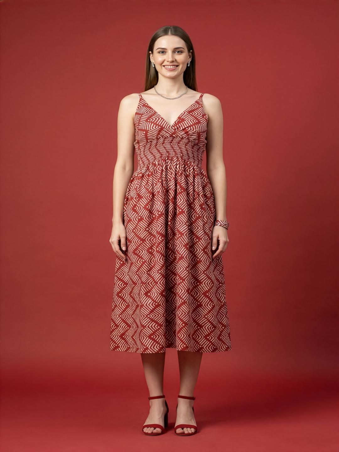 Aaronee red printed cotton midi dress for women