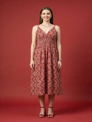 Aaronee red printed cotton midi dress for women