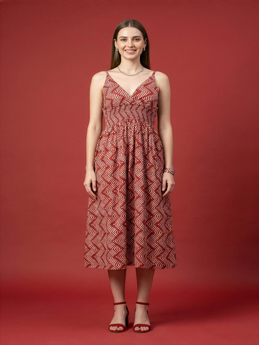 Aaronee red printed cotton midi dress for women