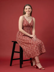 V-neck printed cotton midi dress in red