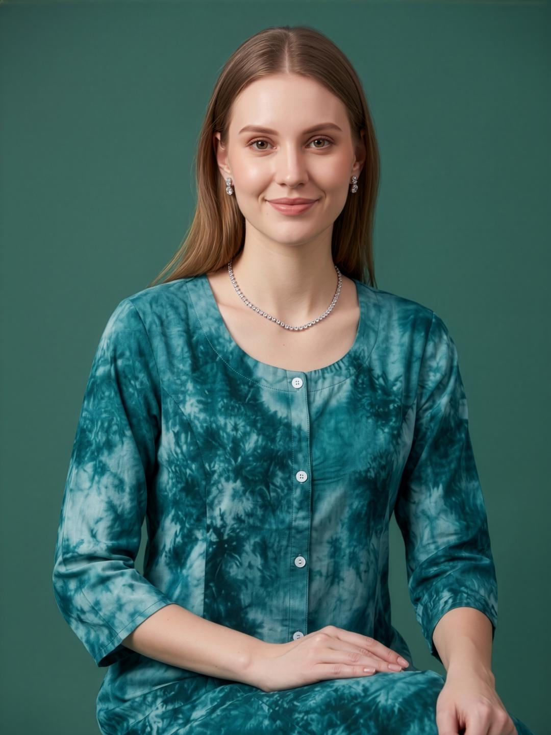 Women's Teal Green Tie-Dye Rayon Kurti