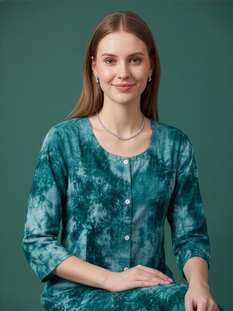 Women's Teal Green Tie-Dye Rayon Kurti