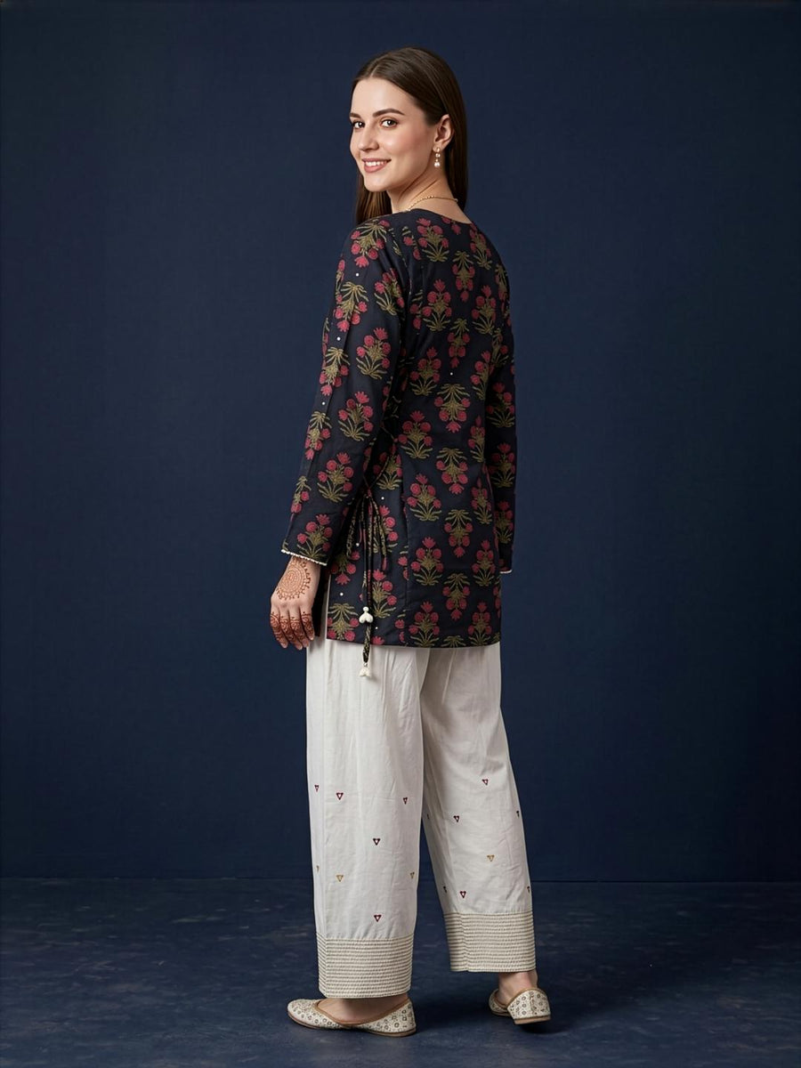 Black Cotton Floral Kurta with Ivory Farshi Salwar