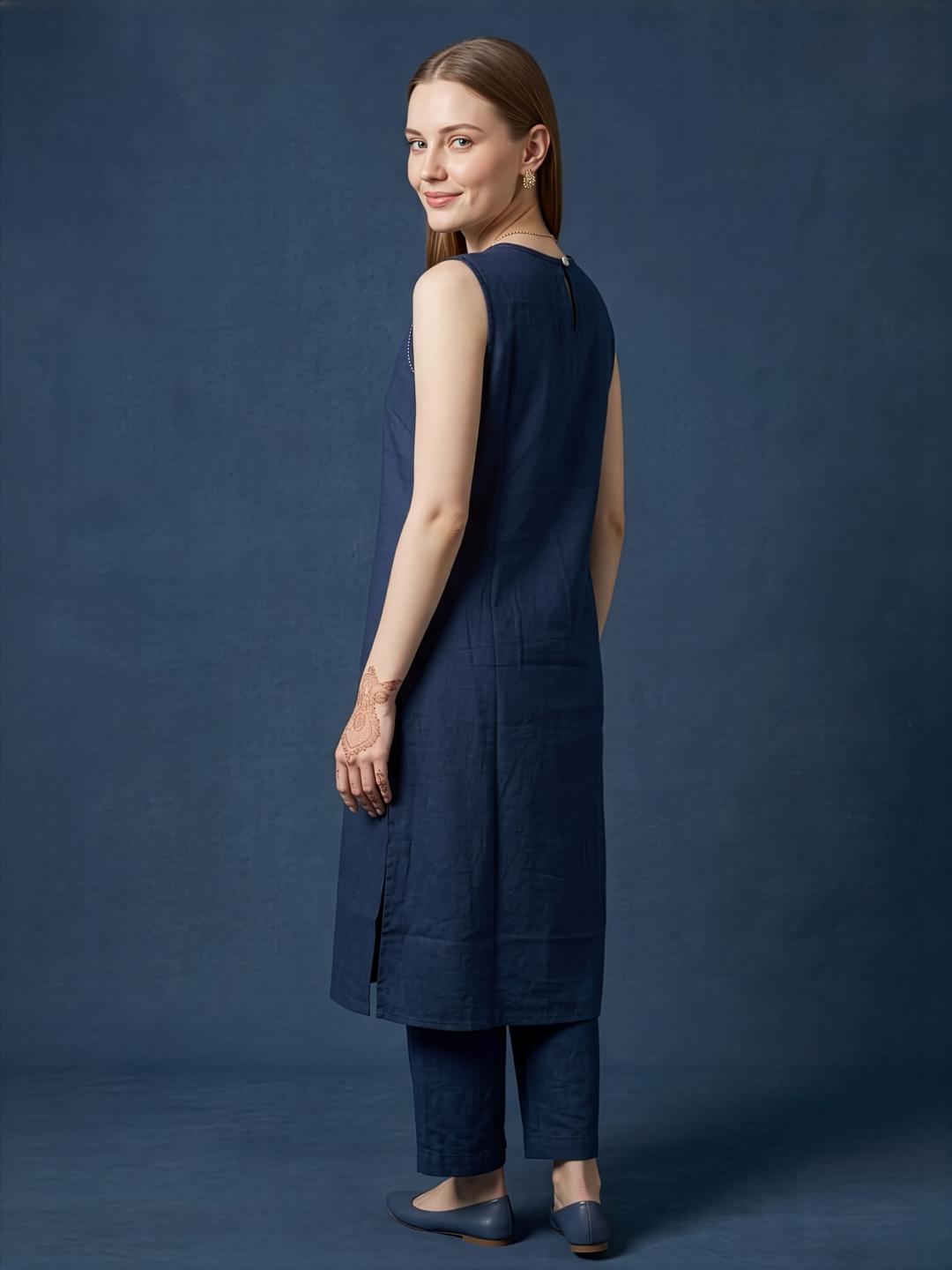 Navy blue cotton kurta pant set with leaf embroidery
