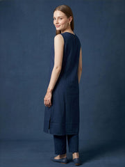 Navy blue cotton kurta pant set with leaf embroidery