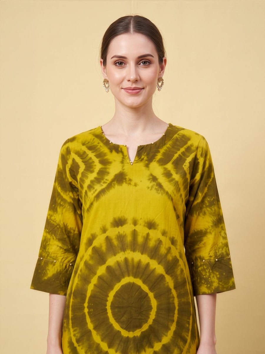 Mustard Cotton Kurti with Matching Printed Pants