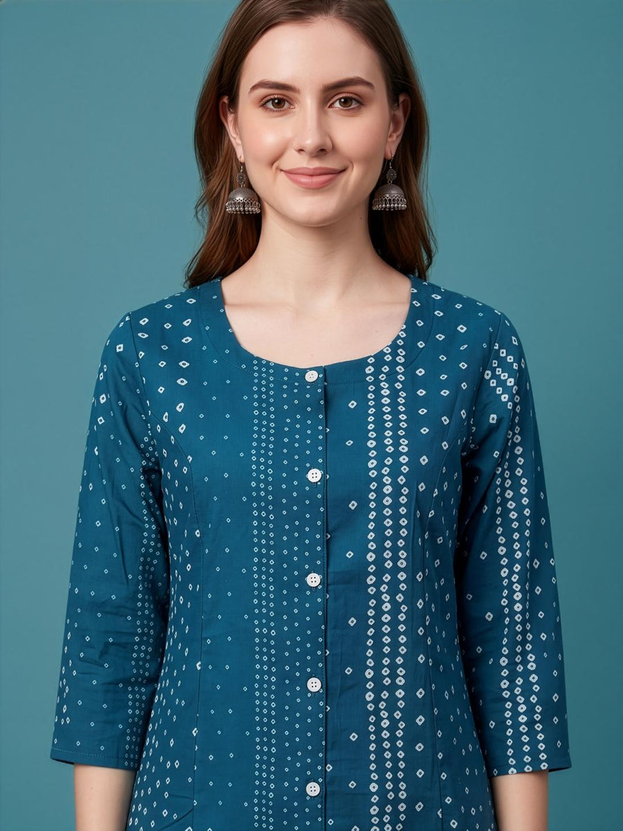 Women's Blue Cotton Casual Kurti with Front Buttons