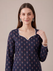 Aaronee Blue Premium Cotton Printed Kurti for Women