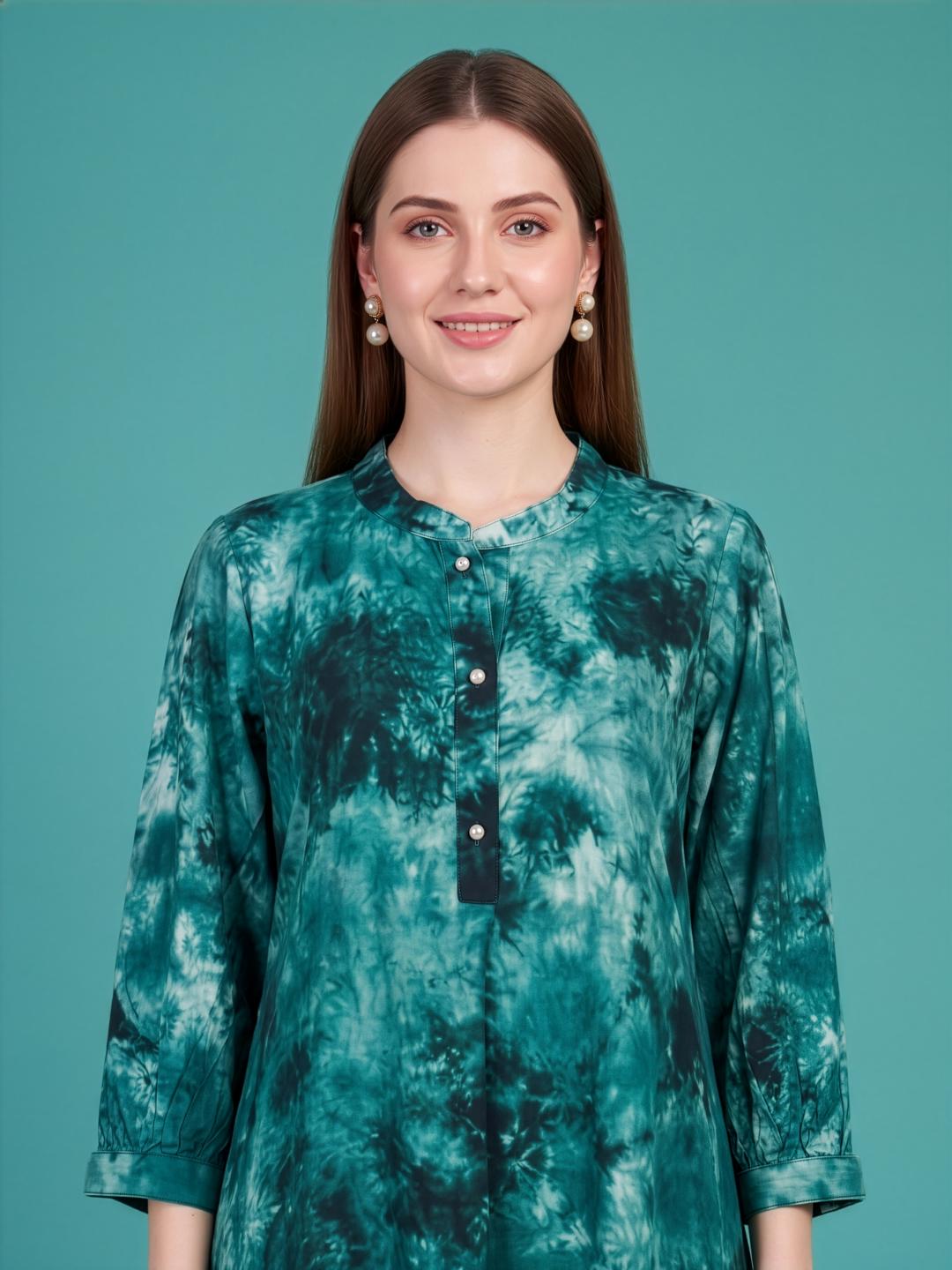Teal Green Rayon Kurta with White Cotton Palazzo