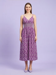 Women's purple geometric print premium cotton summer dress
