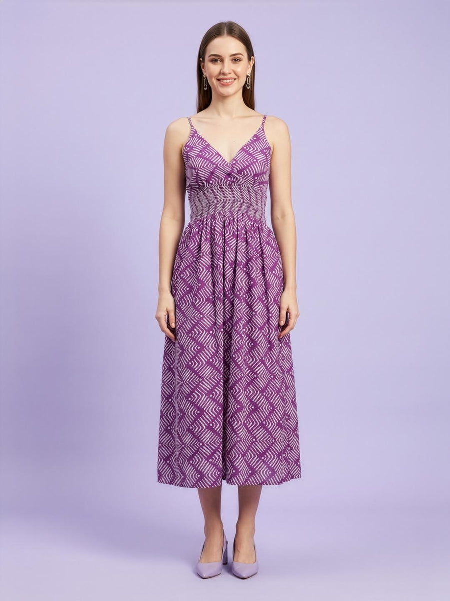 Women's purple geometric print premium cotton summer dress