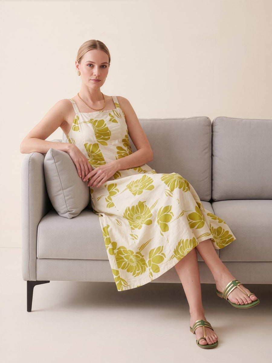 Sleeveless square neck floral cotton dress by Aaronee