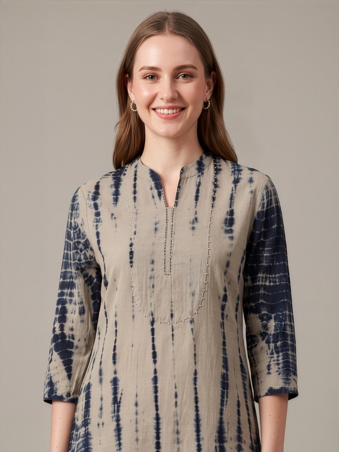 Beige Cotton Flax Kurta with Indigo Printed Pants