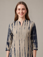 Beige Cotton Flax Kurta with Indigo Printed Pants