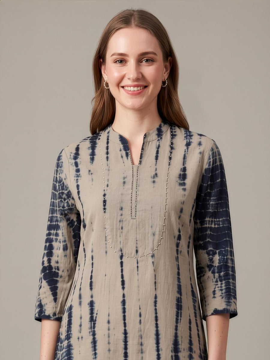 Beige Cotton Flax Kurta with Indigo Printed Pants