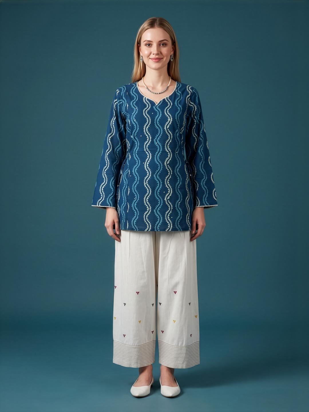 Indigo Blue Cotton Kurta with Ivory Farshi Salwar