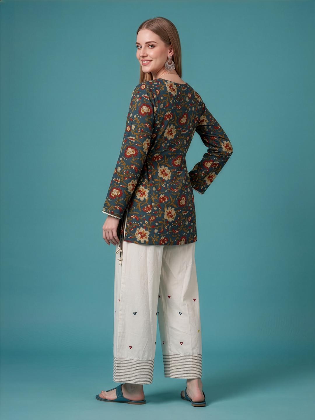 Sky Blue Cotton Kurta with Ivory Farshi Salwar