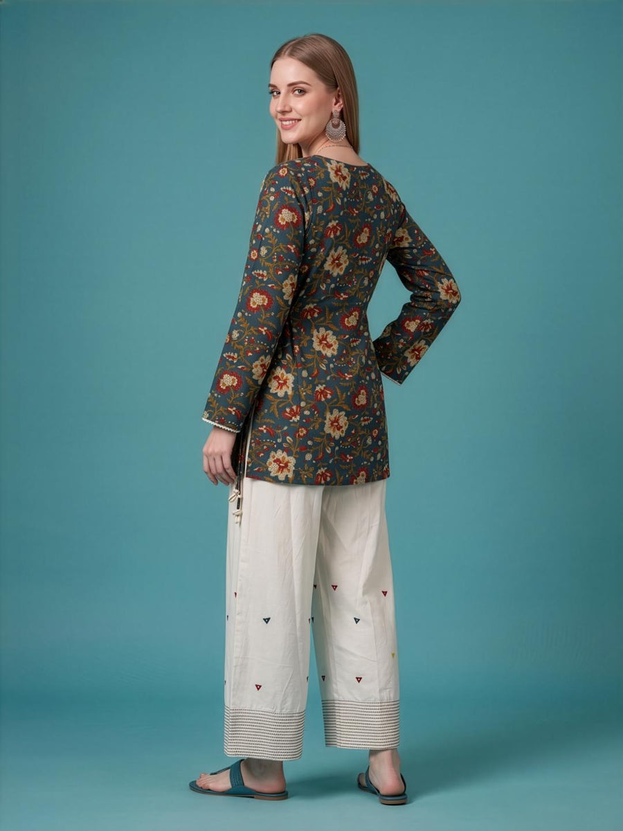 Sky Blue Cotton Kurta with Ivory Farshi Salwar