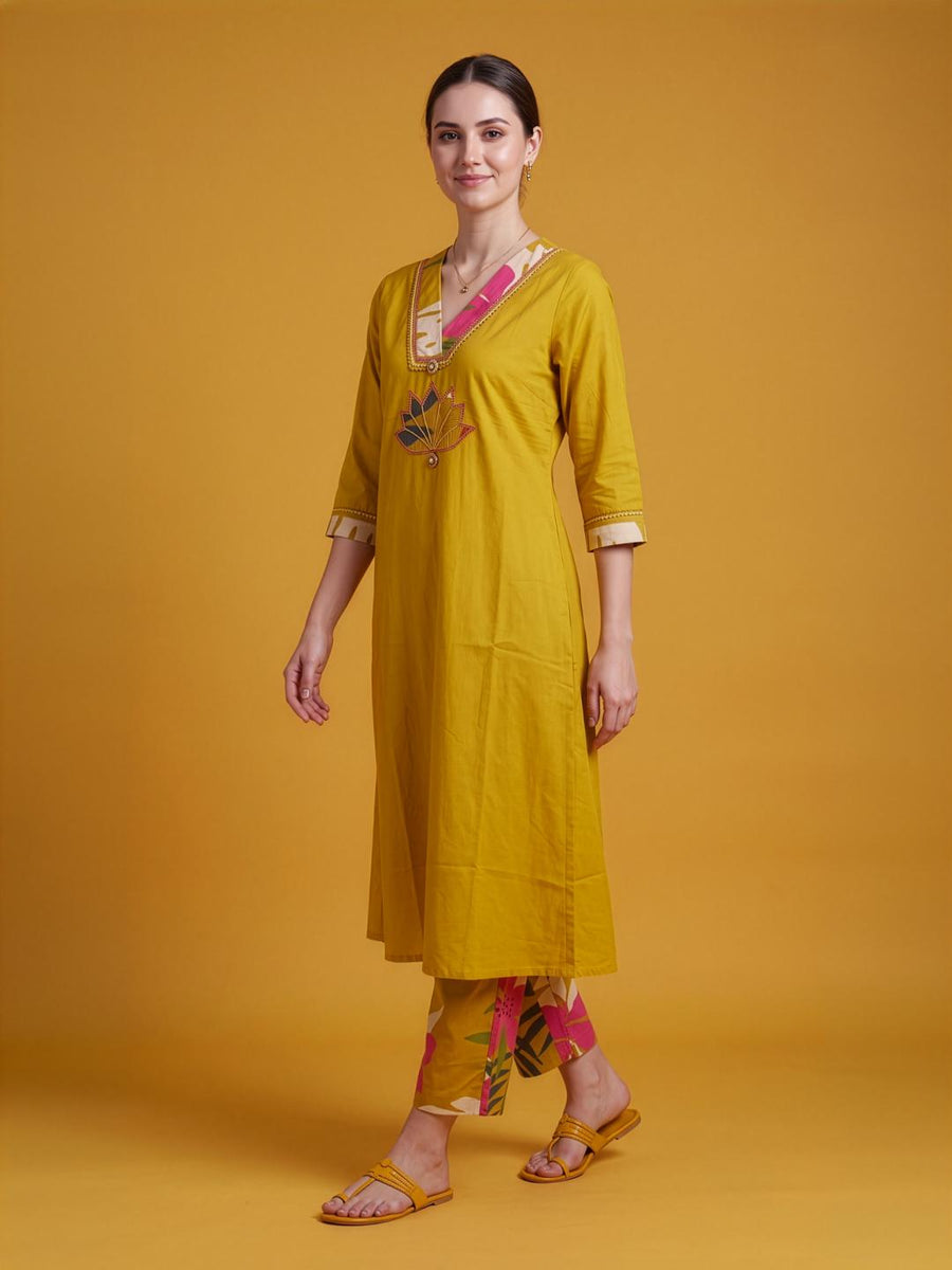 Women's Mustard Cotton Ethnic Kurta Set