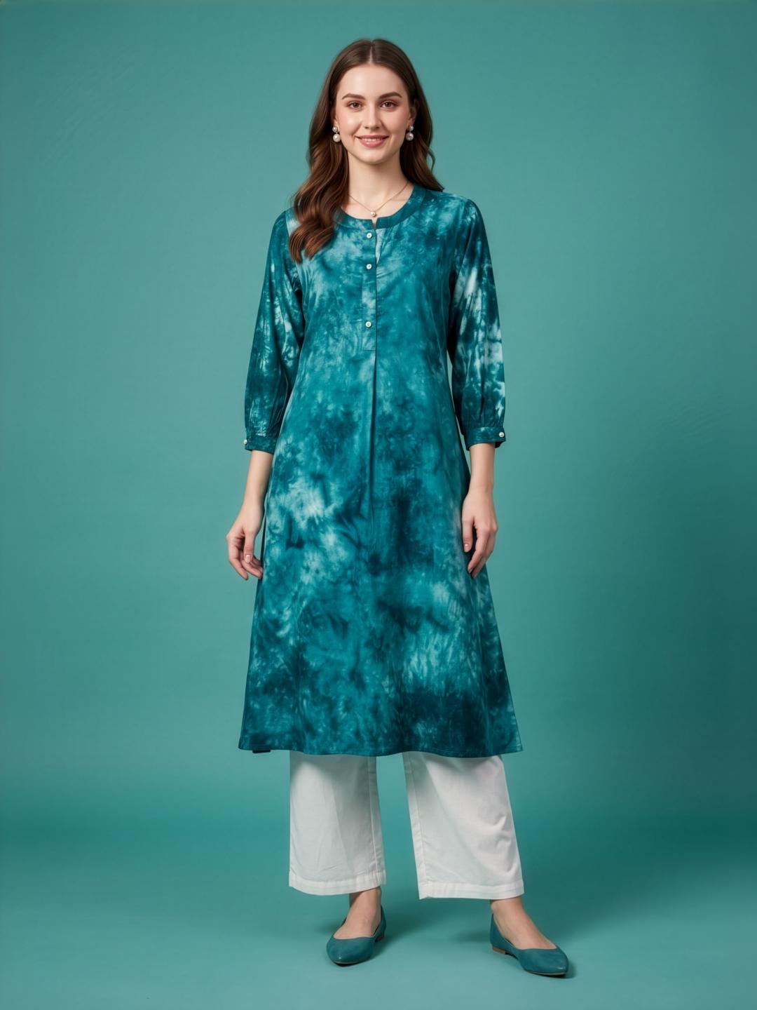 Aaronee Teal Blue Rayon Kurta Set with Cotton Palazzo for Women
