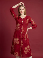 Women's Red Premium Cotton Printed Kurti with Front Buttons