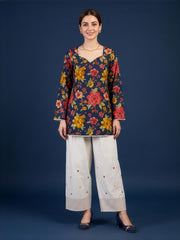 Women's Navy Blue Floral Cotton Kurti