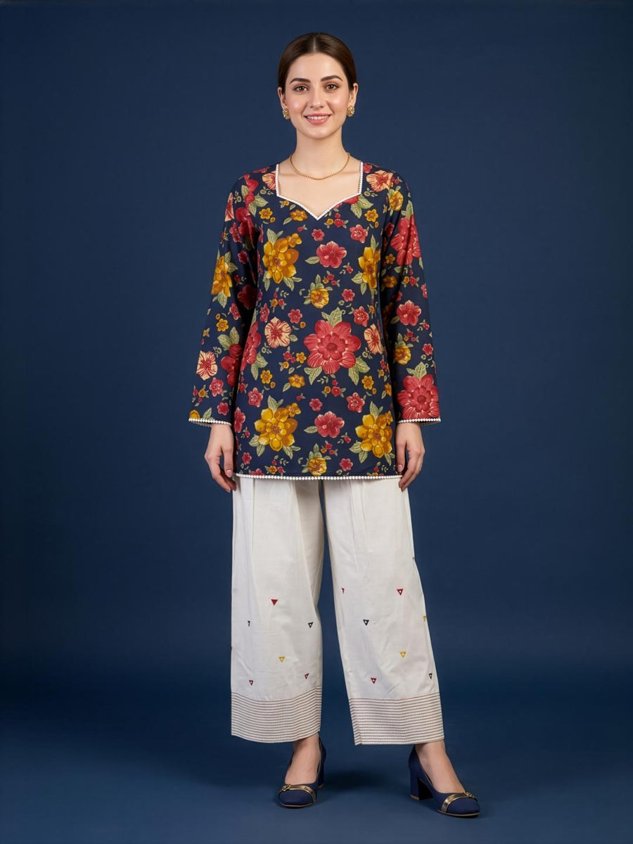Women's Navy Blue Floral Cotton Kurti