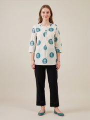 Blue printed cotton flex top for women