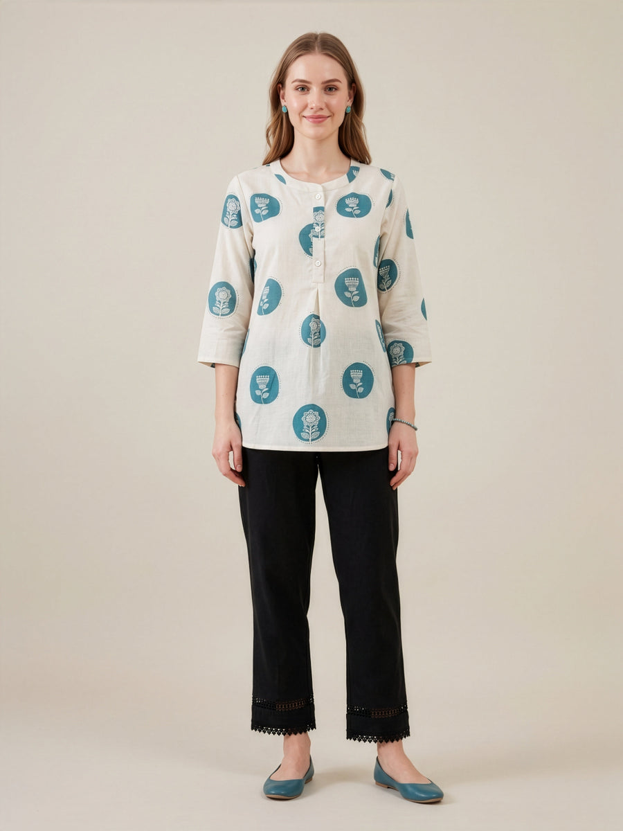 Blue printed cotton flex top for women