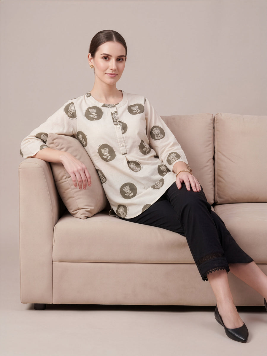 Aaronee grey printed cotton flex top for women