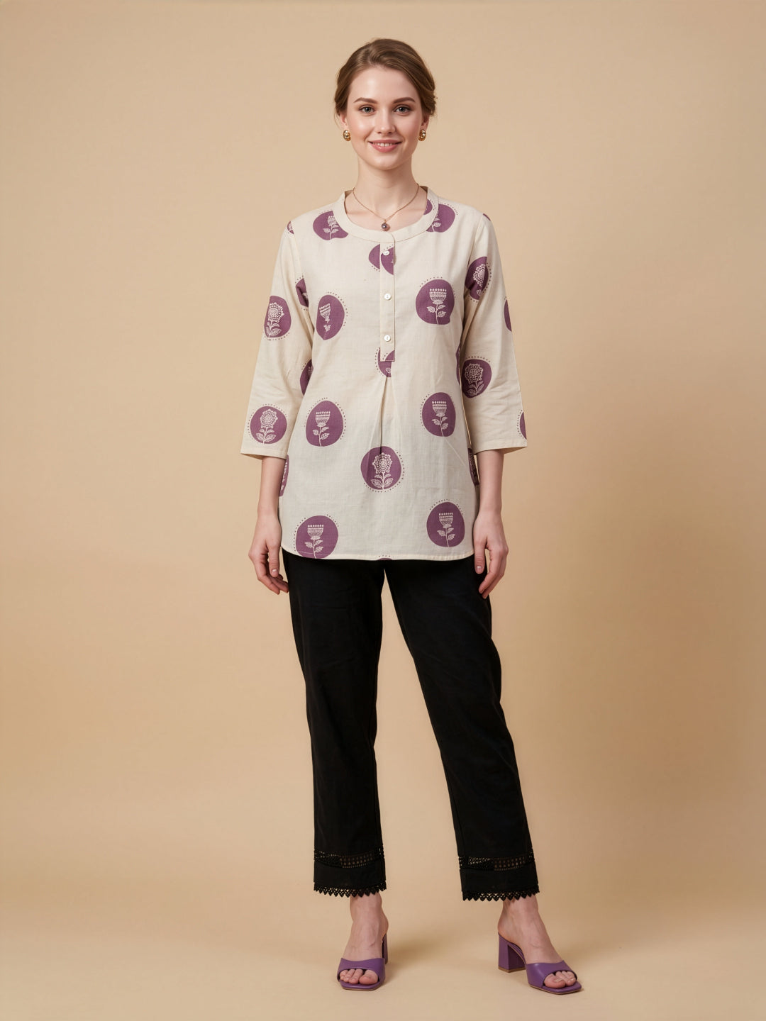 Purple printed cotton flex top for women
