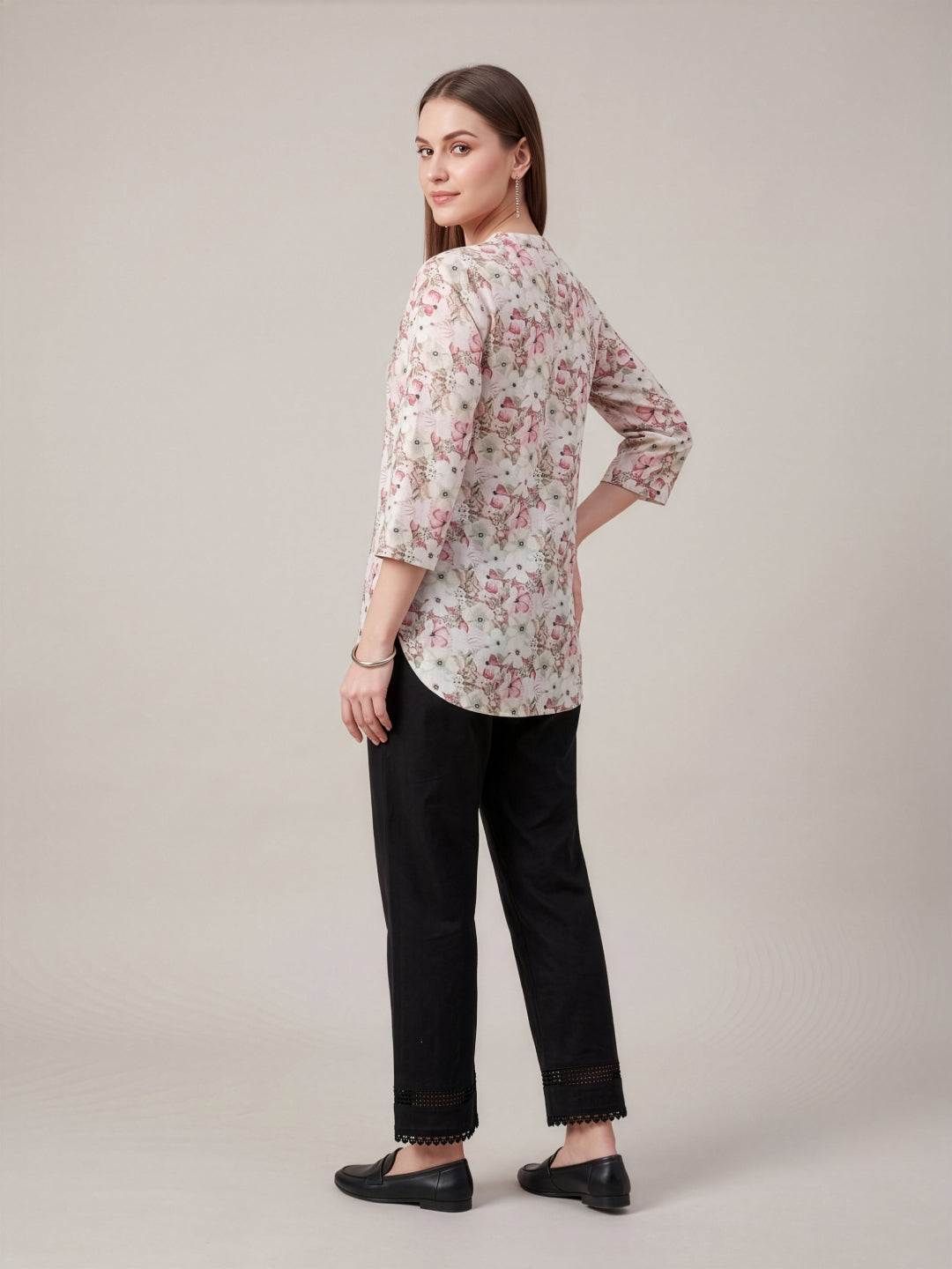 Women's white and pink floral printed cotton top