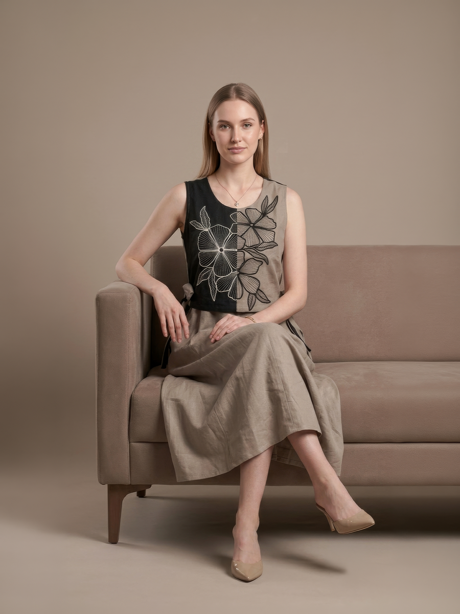 Aaronee black and beige embroidered cotton midi dress for women