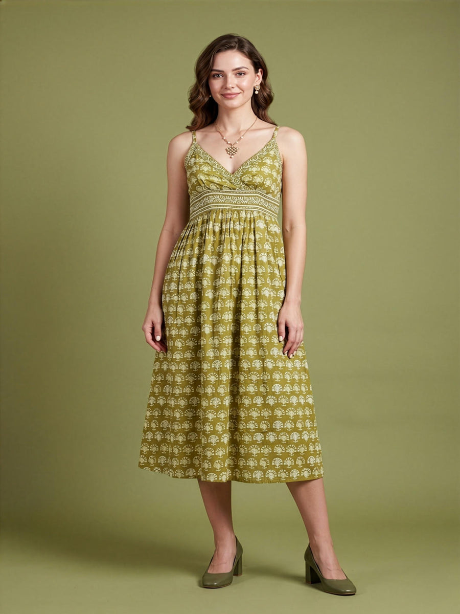 Aaronee yellow printed cotton midi dress for women