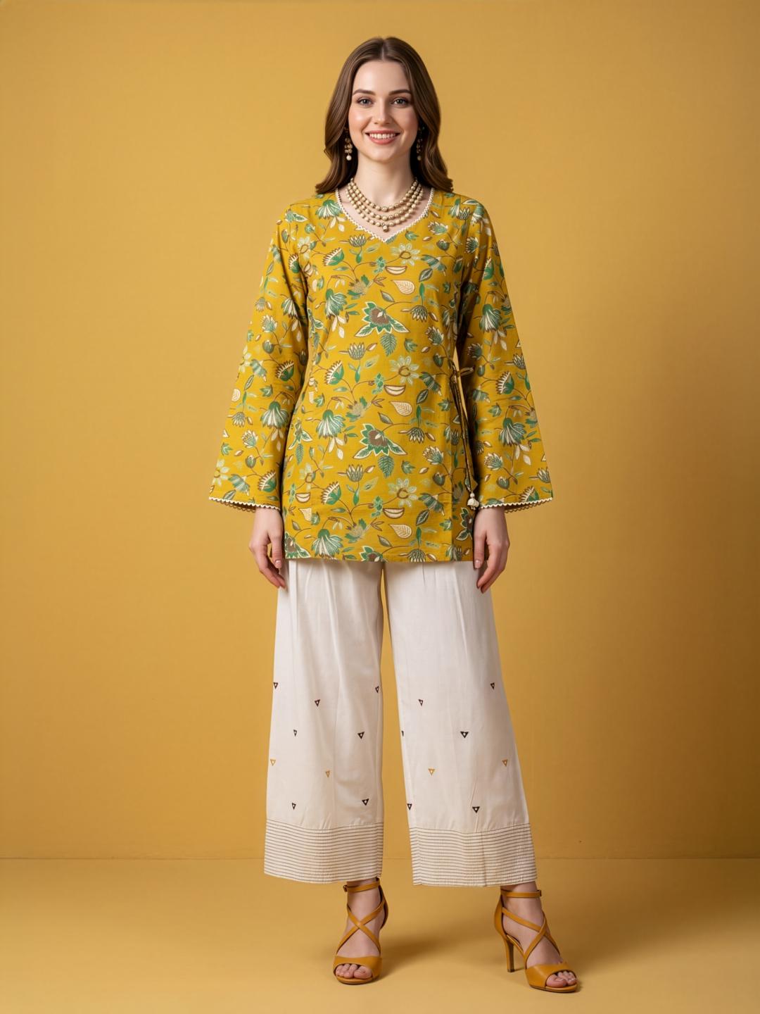 Aaronee Mustard Printed Cotton Farshi Salwar Set for Women