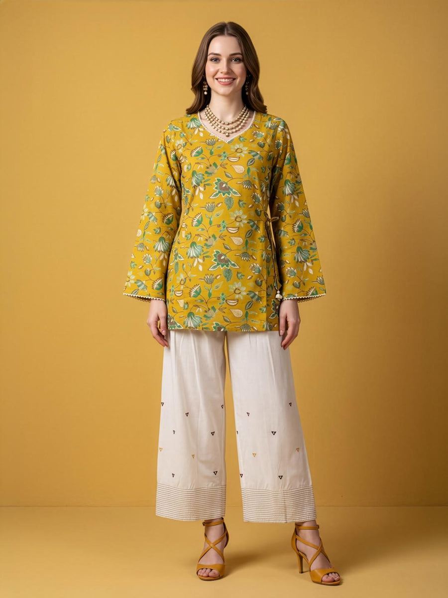 Aaronee Mustard Printed Cotton Farshi Salwar Set for Women