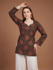 Women's Brown Cotton Ethnic Kurta with White Palazzo