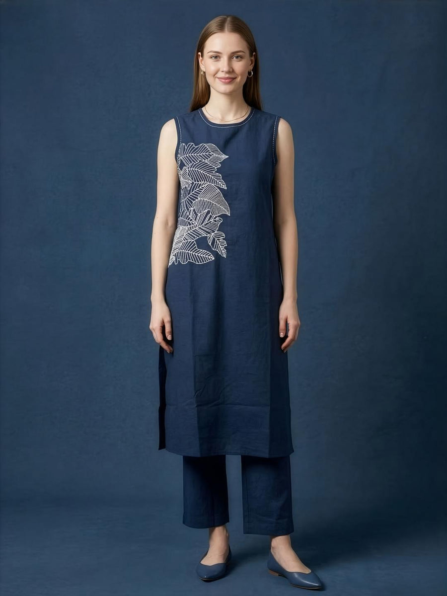 Navy blue embroidered kurta set for women