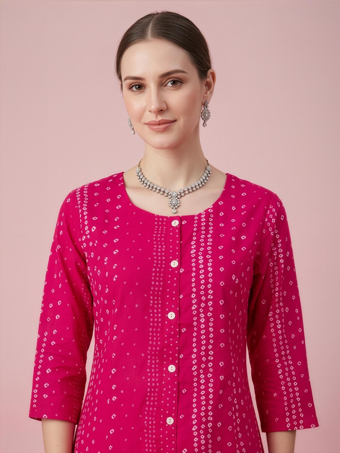 Women's Pink Cotton Printed Kurti with Front Buttons