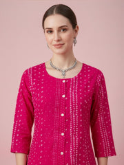 Women's Pink Cotton Printed Kurti with Front Buttons