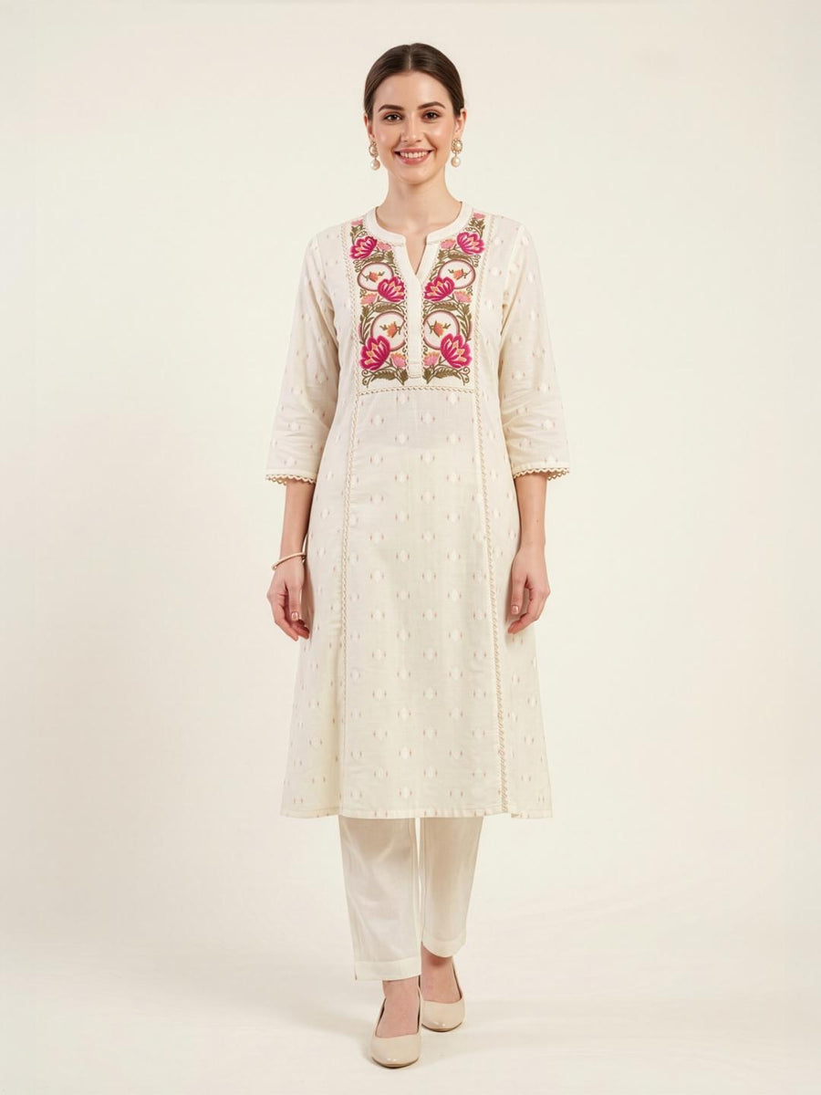 Women's White Cotton Kurta with Straight Pants