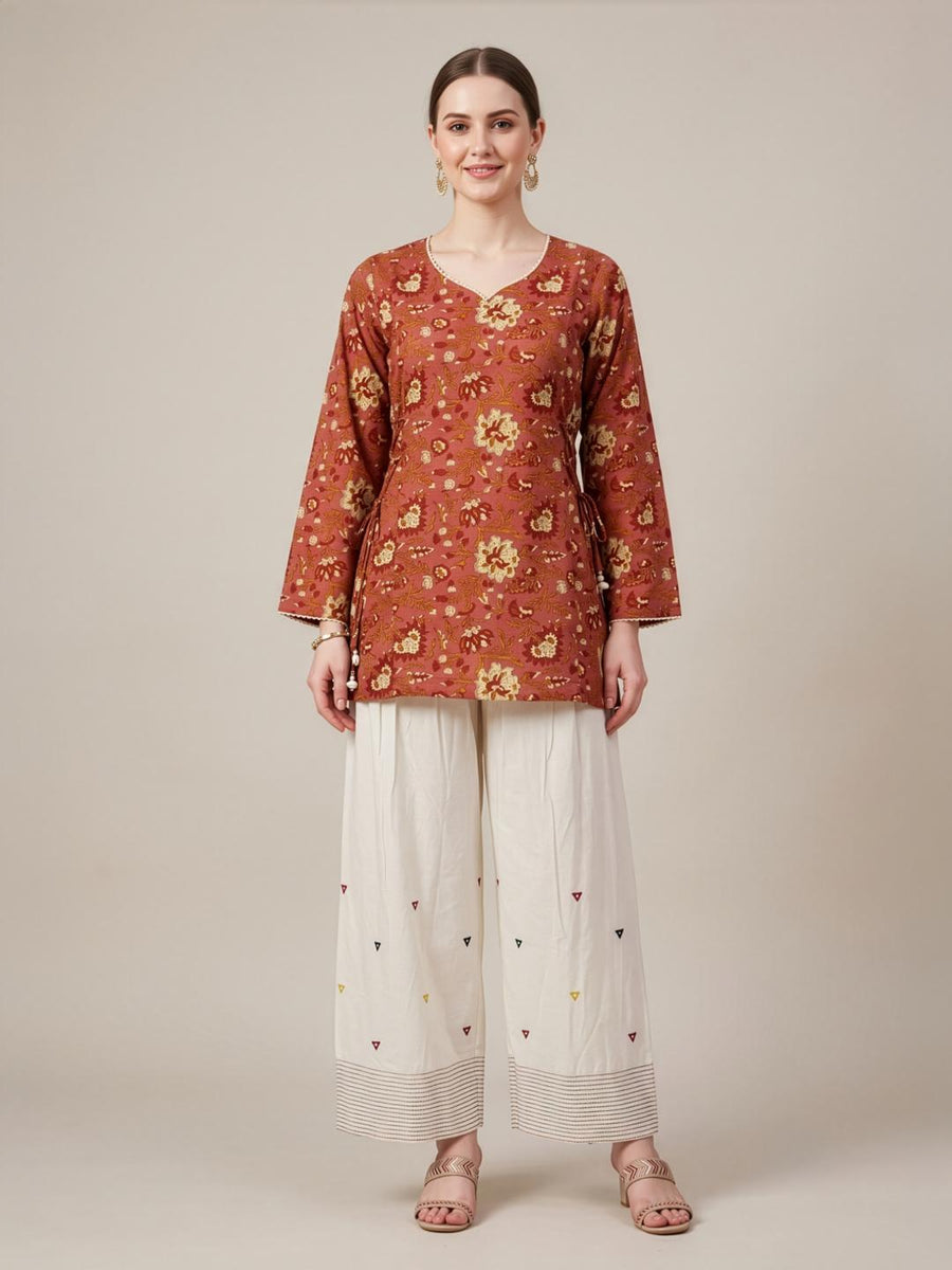 Women's Peach Floral Printed Cotton Salwar Set