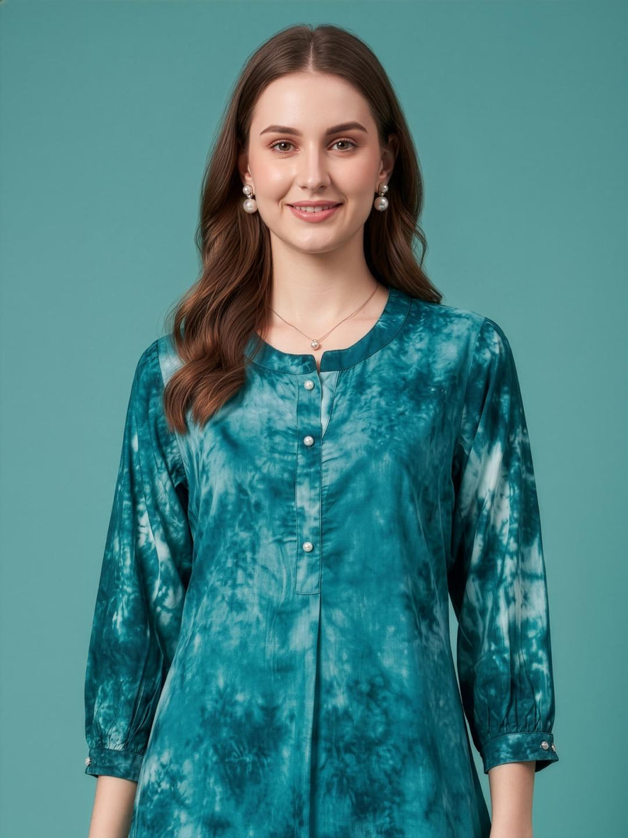 Women's Teal Blue Tie-Dye Rayon Kurta Set
