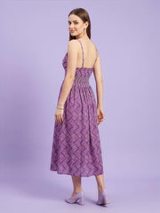 Premium cotton casual midi dress in purple print